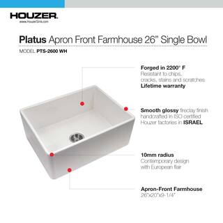 HOUZER Platus Farmhouse Apron Front Fireclay 26 in. Single Bowl Kitchen Sink in White with Dual-Mounting Options PTS-2600 WH