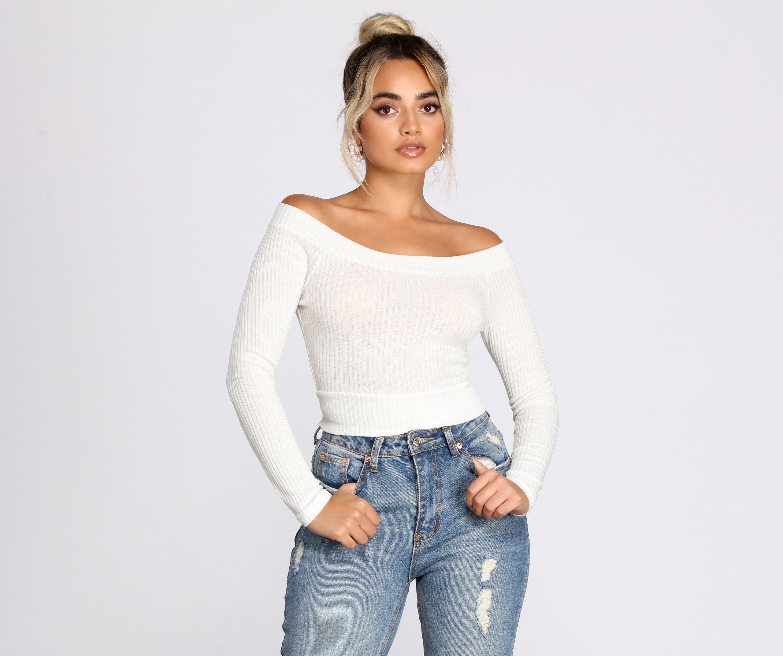 Off The Shoulder Brushed Knit Crop Top