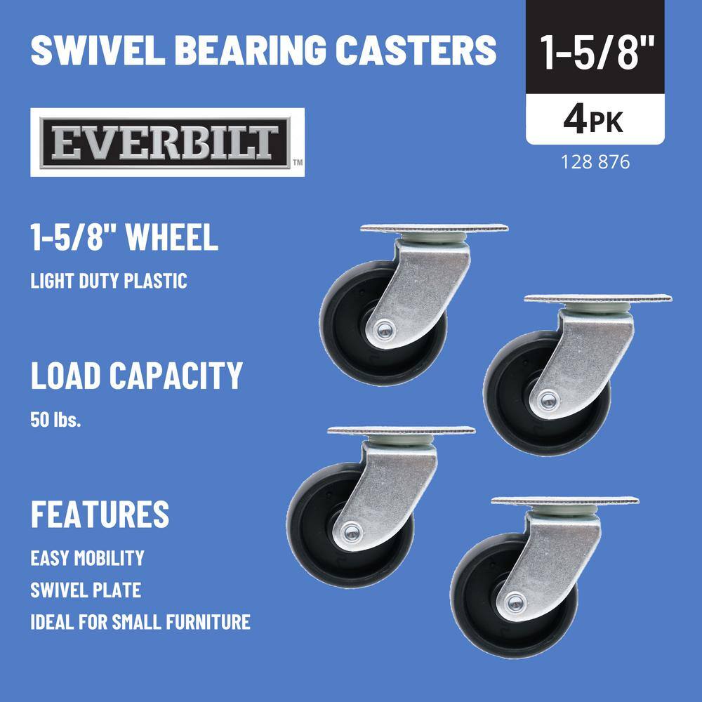 Everbilt 1-58 in. Black Plastic and Steel Swivel Plate Caster with 50 lb. Load Rating (4-Pack) 49558