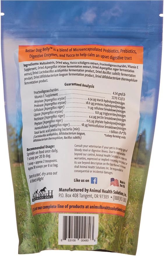 Animal Health Solutions Better Dog Belly Probiotics， Prebiotics and Digestive Enzymes Dog Supplement， 8-oz bag