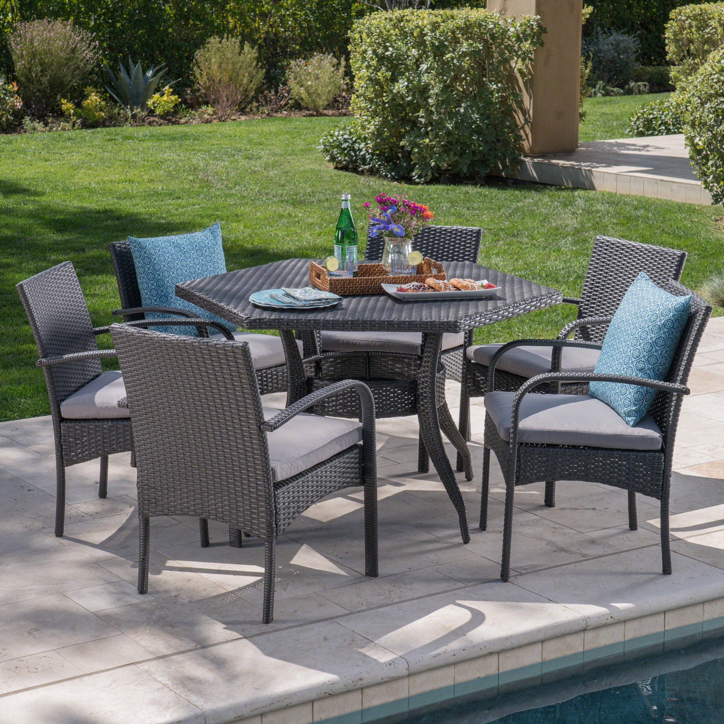 Jasmine Outdoor 7 Piece Wicker Hexagon Dining Set with Water Resistant Chairs