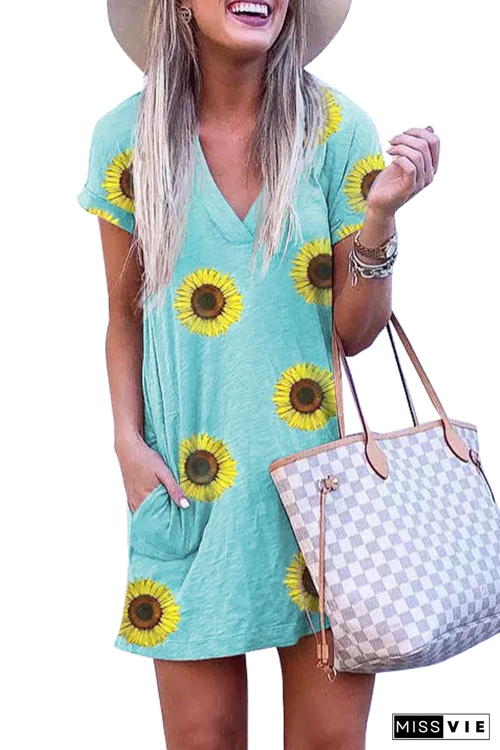 Short Sleeve V Neck Sunflower Print Mini Dress with Pocket