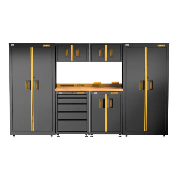 DEWALT 126 Wide， 7 Piece Welded Storage Suite with 2-Door and 5-Drawer Base Cabinets and Wood Top