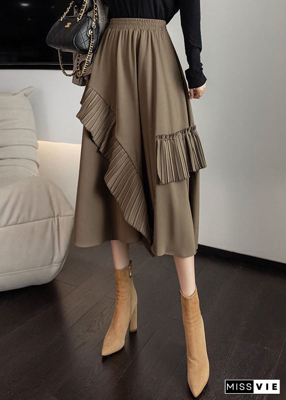 Plus Size Khaki Asymmetrical Tassel Elastic Waist Silk A Line Skirts Fall