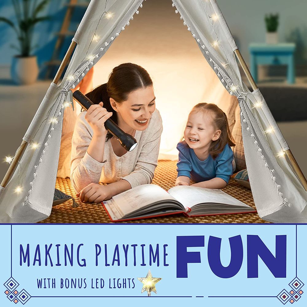 Orian Teepee Tent for Kids Playhouse With LED Lights and Pom Poms