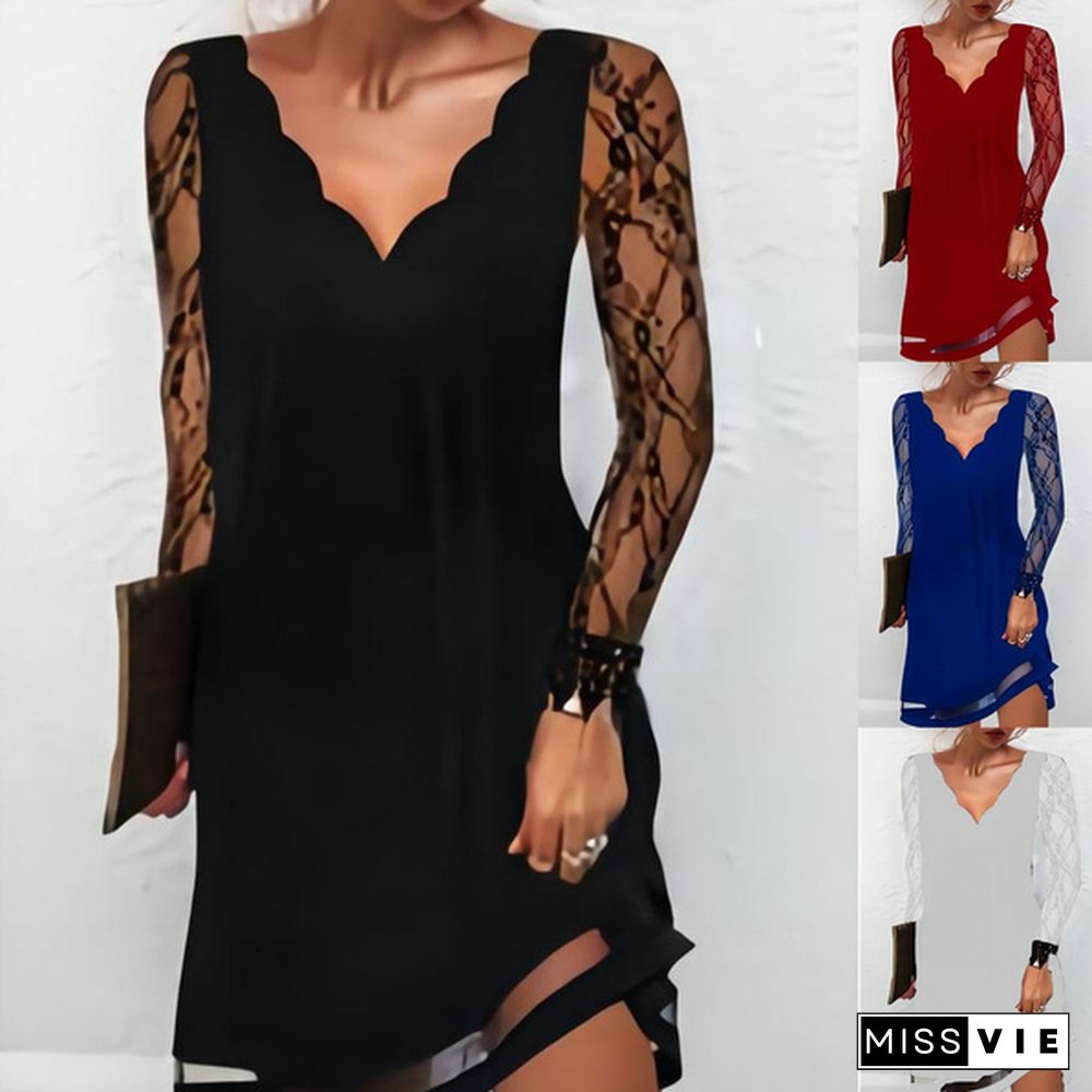 New Fashion Women's Wavy Shape Lace Long Sleeves Deep V Autumn Beach Party Loose Casual Midi Dresses