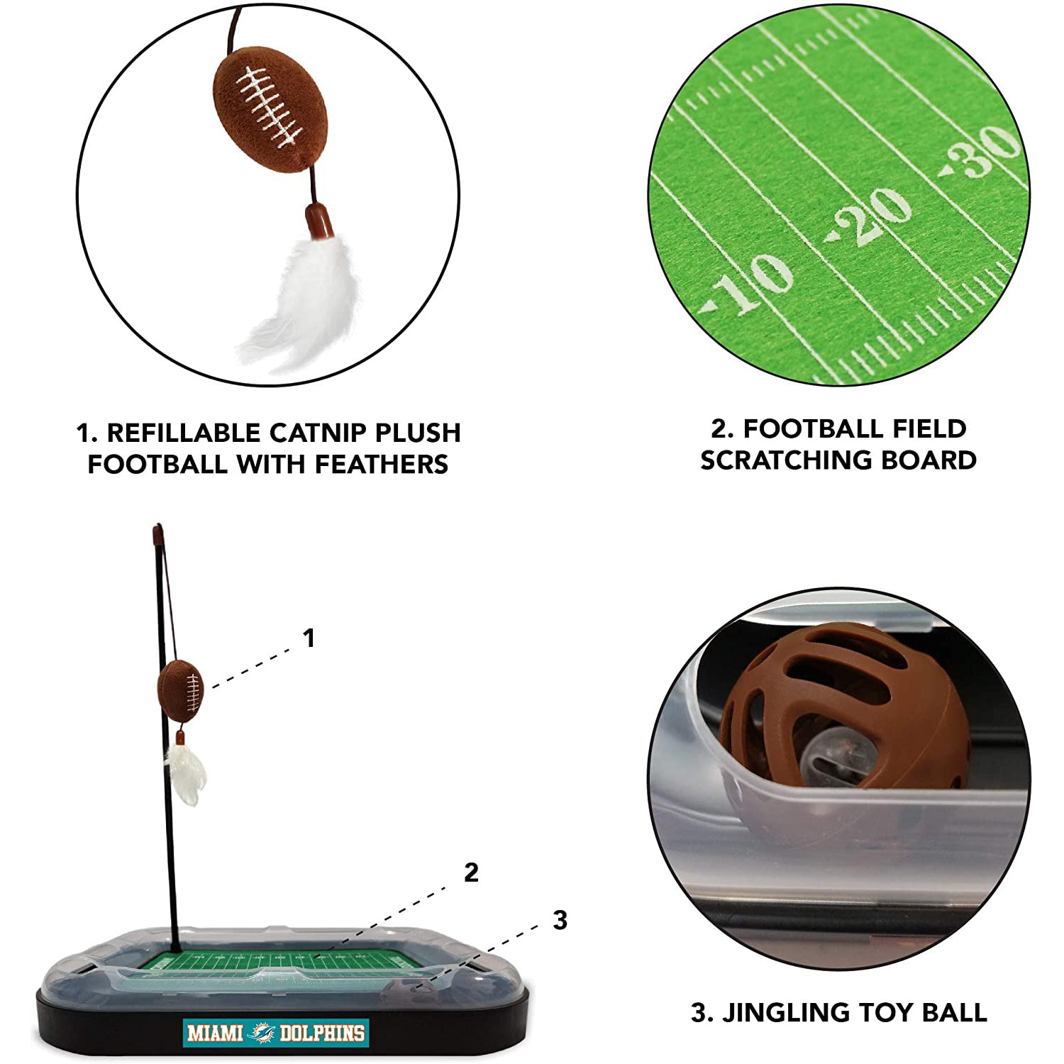 NFL Miami Dolphins Cat Scratcher Toy with Catnip Plush and Feather Cat and Kitty Toy