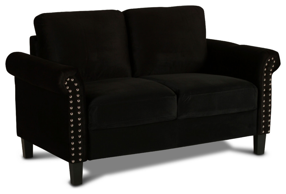 Benzara BM271910 Judy Velvet Upholstered Loveseat With Nailhead Trim  Black   Transitional   Loveseats   by VirVentures  Houzz