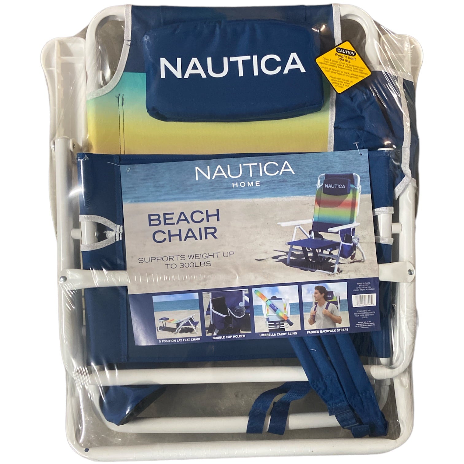 Nautica Portable Beach Chair， Double Cup Holder， Padded Straps (Tropical Ombre)