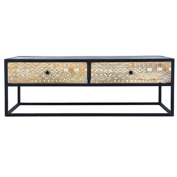 45 Inch Carson Rectangular Mango Wood Coffee Table with Metal Frame and 2 Drawers， Brown and Black