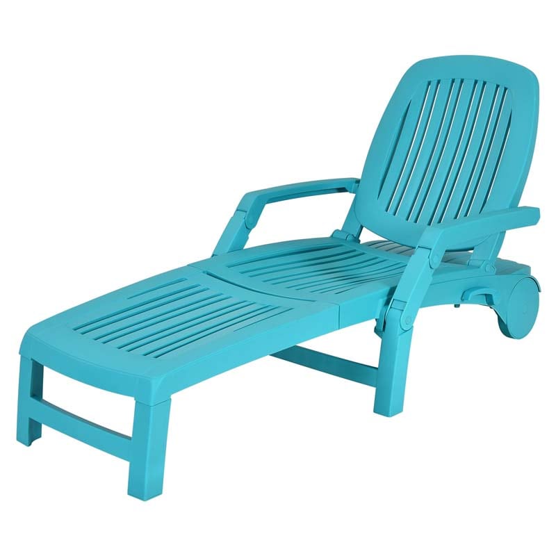 Weatherproof Folding Sun Lounger with Wheels, 6-Position Plastic Outdoor Chaise Lounge Chair for Pool Beach Lawn