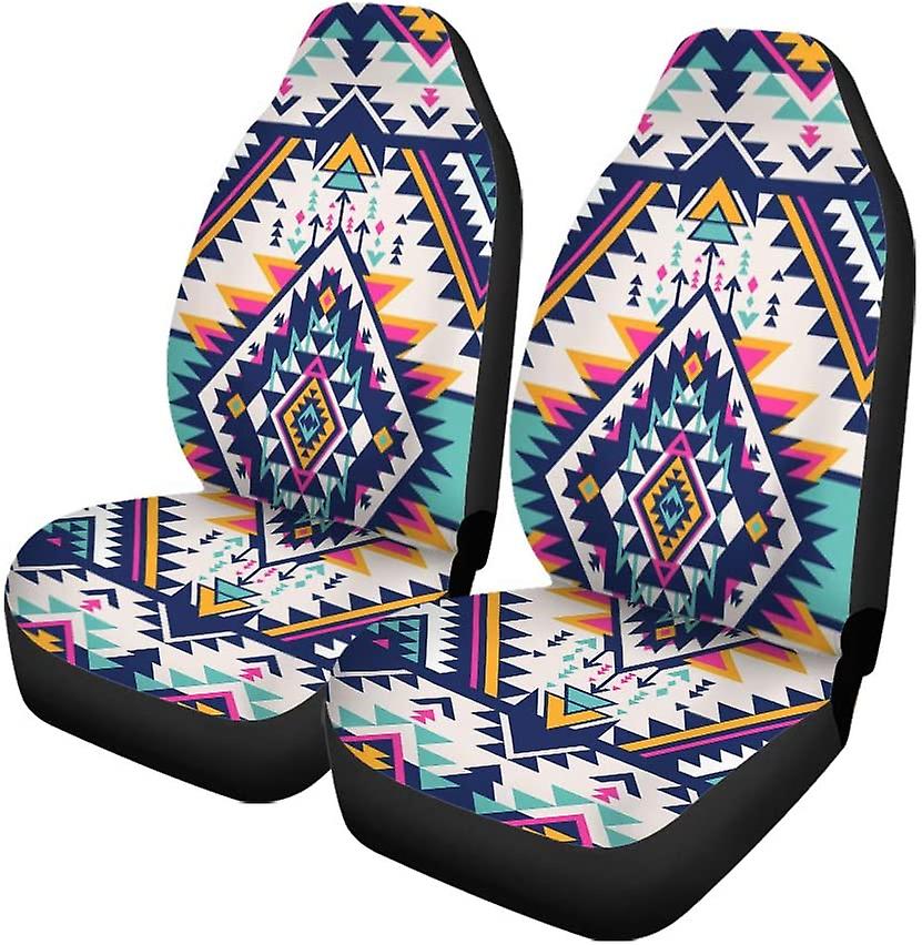 Set Of 2 Car Seat Covers Boho Neon Colors Tribal Aztec Abstract Geometric Hipster Universal Auto Front Seats Protector Fits