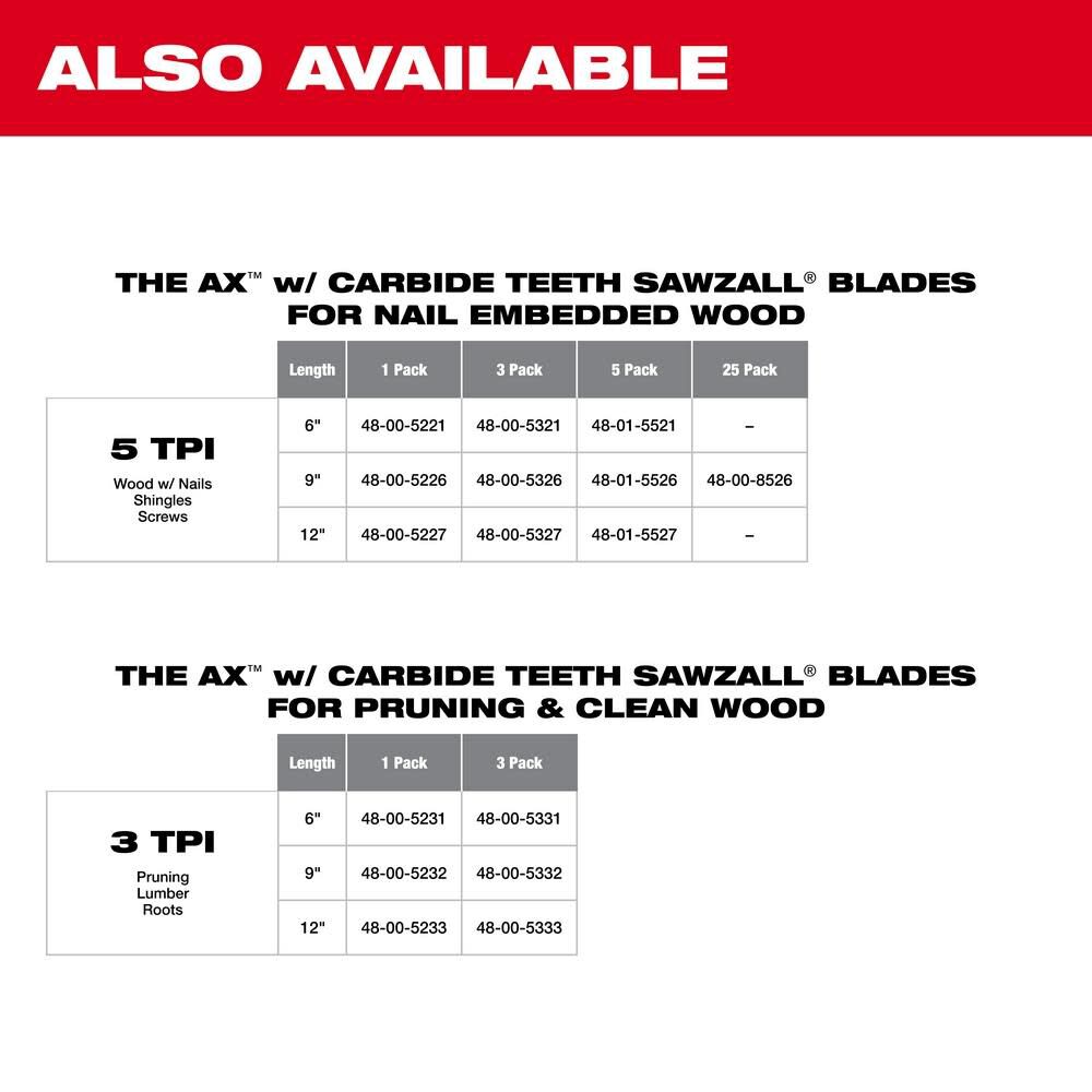 MW 12 in. 5 TPI The Ax Carbide Teeth SAWZALL Blades 3PK 48-00-5327 from MW