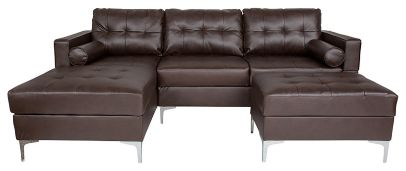 Tufted Back Sectional  Left Side Facing Chaise  Ottoman Set  Brown Leather   Contemporary   Sectional Sofas   by Morning Design Group  Inc  Houzz