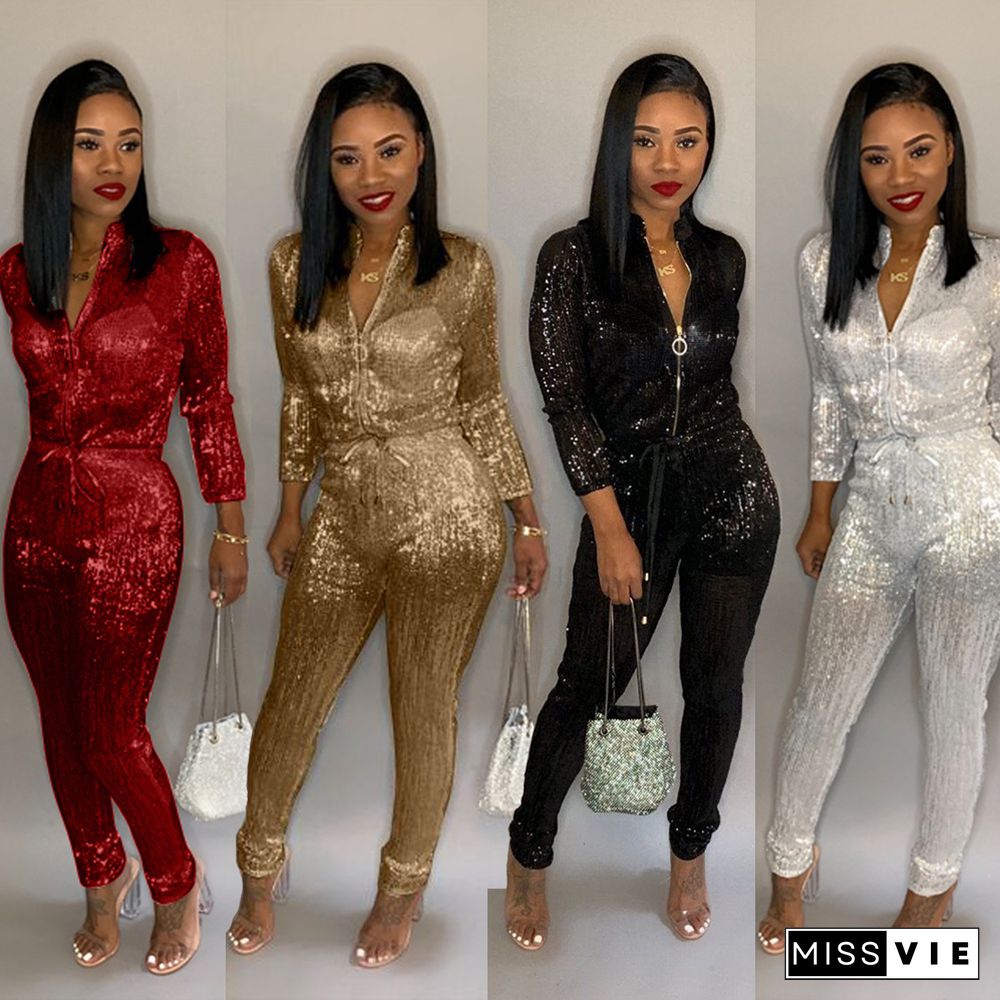 Autumn Women's Glitter Hot Stamping Zipper Long Sleeve Jumpsuit