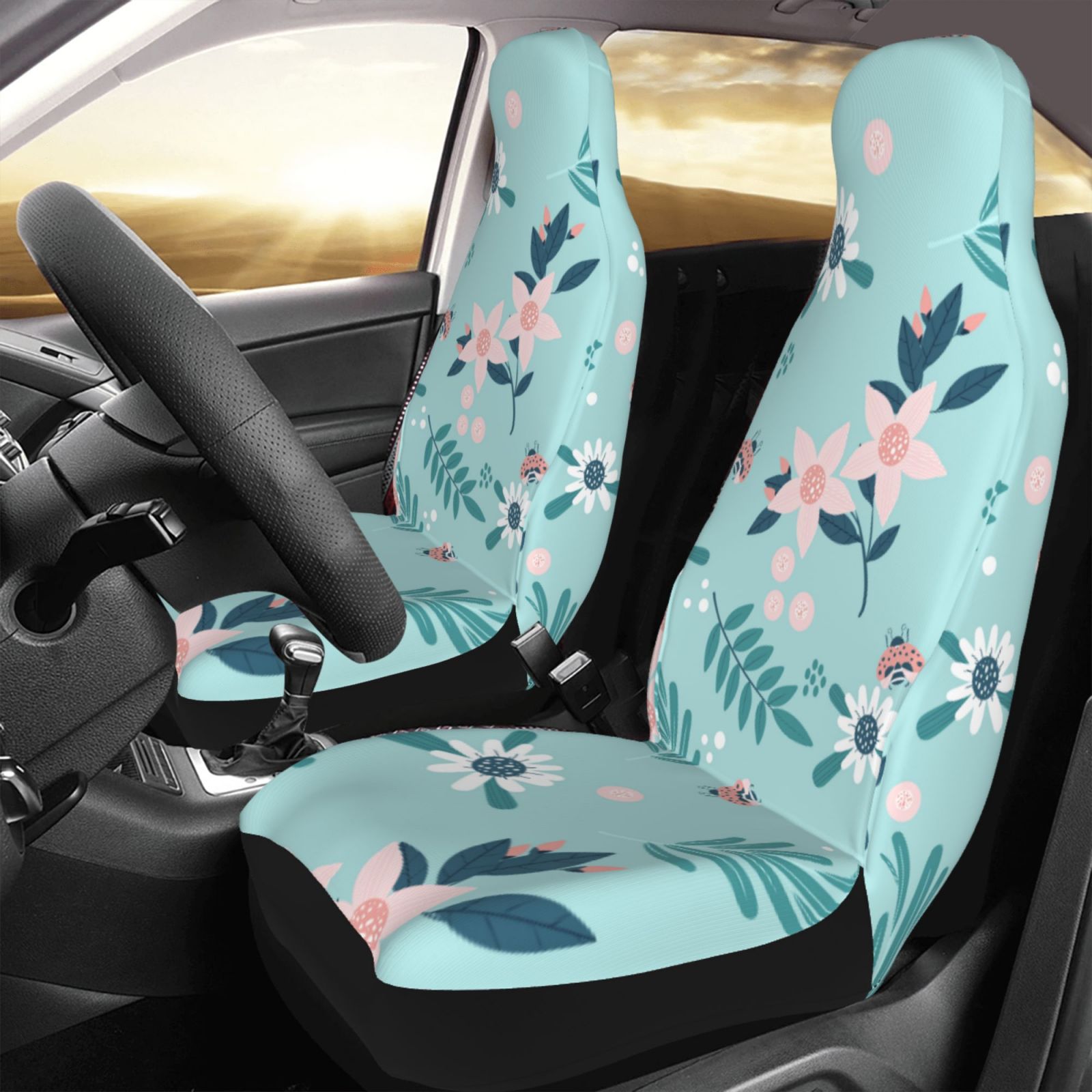 TEQUAN Front Seat Covers， Blue Ladybugs Flowers Insects Pattern 2 Piece Car Seat Cover Fit Most Car SUV Truck Van