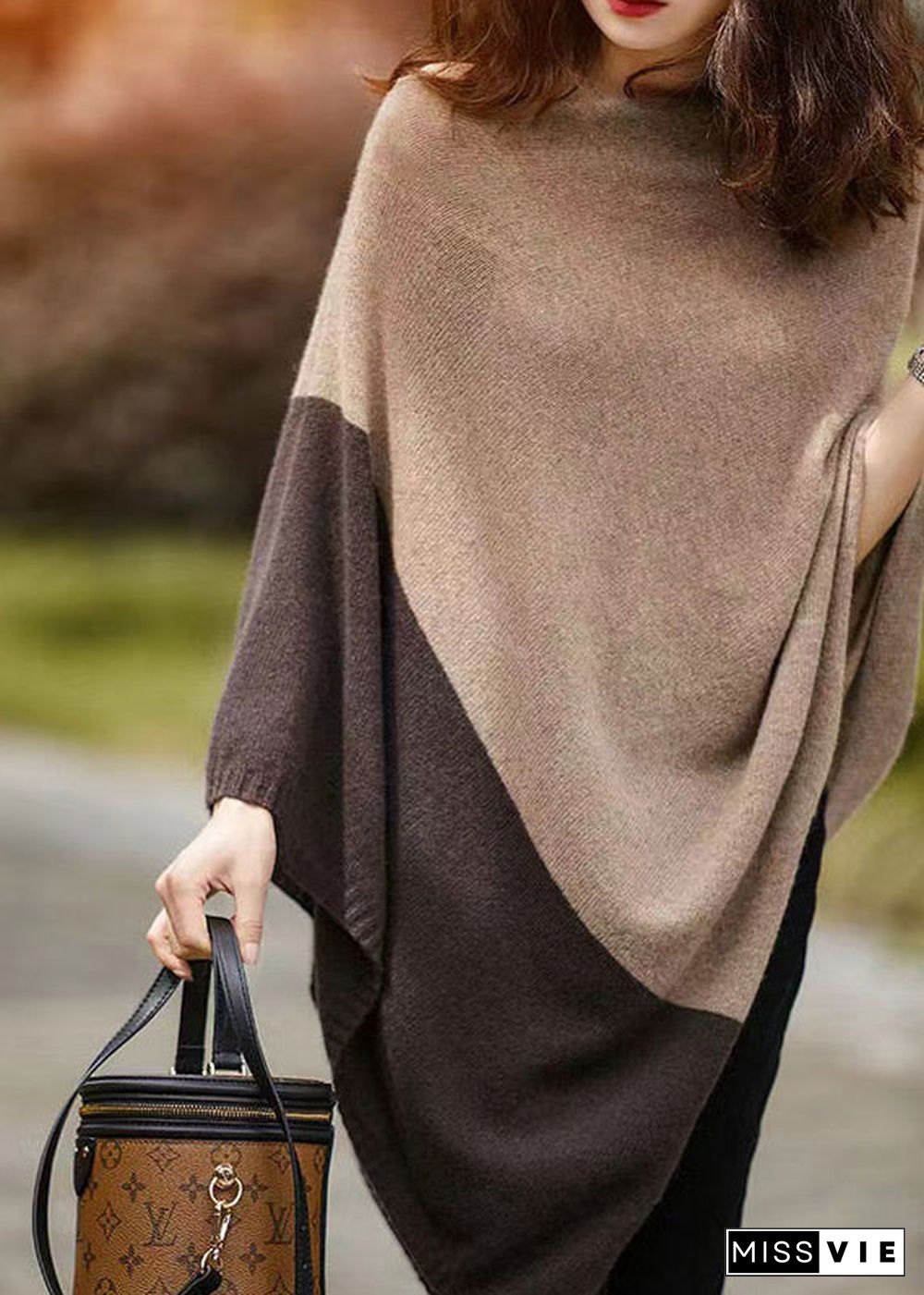 Beautiful Camel Colour Patchwork Woolen Batwing Coat Long Sleeve