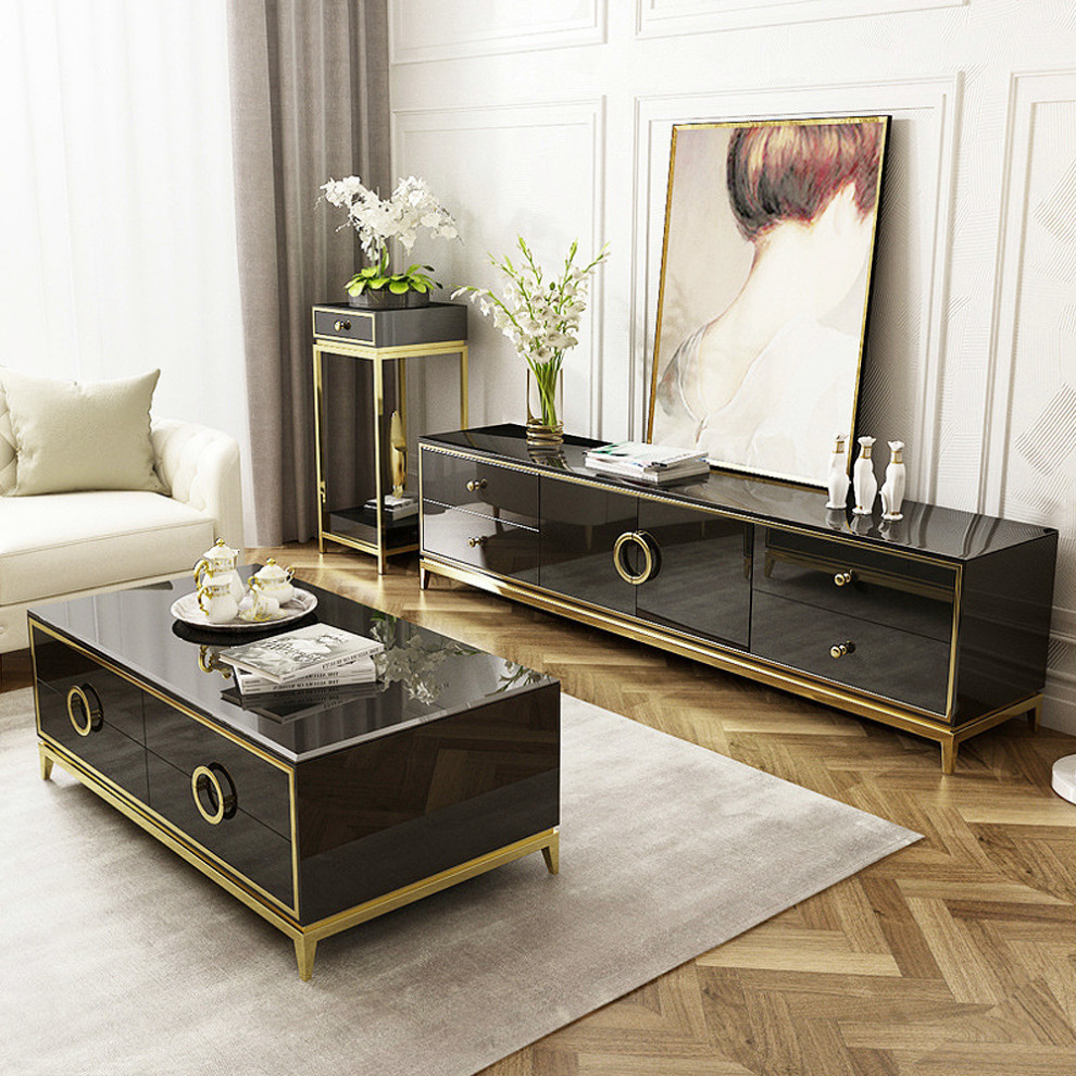 Tile Modern Black TV Stand with Drawers  ampDoors Gold Media Console for TVs   Contemporary   Entertainment Centers And Tv Stands   by Homary International Limited  Houzz