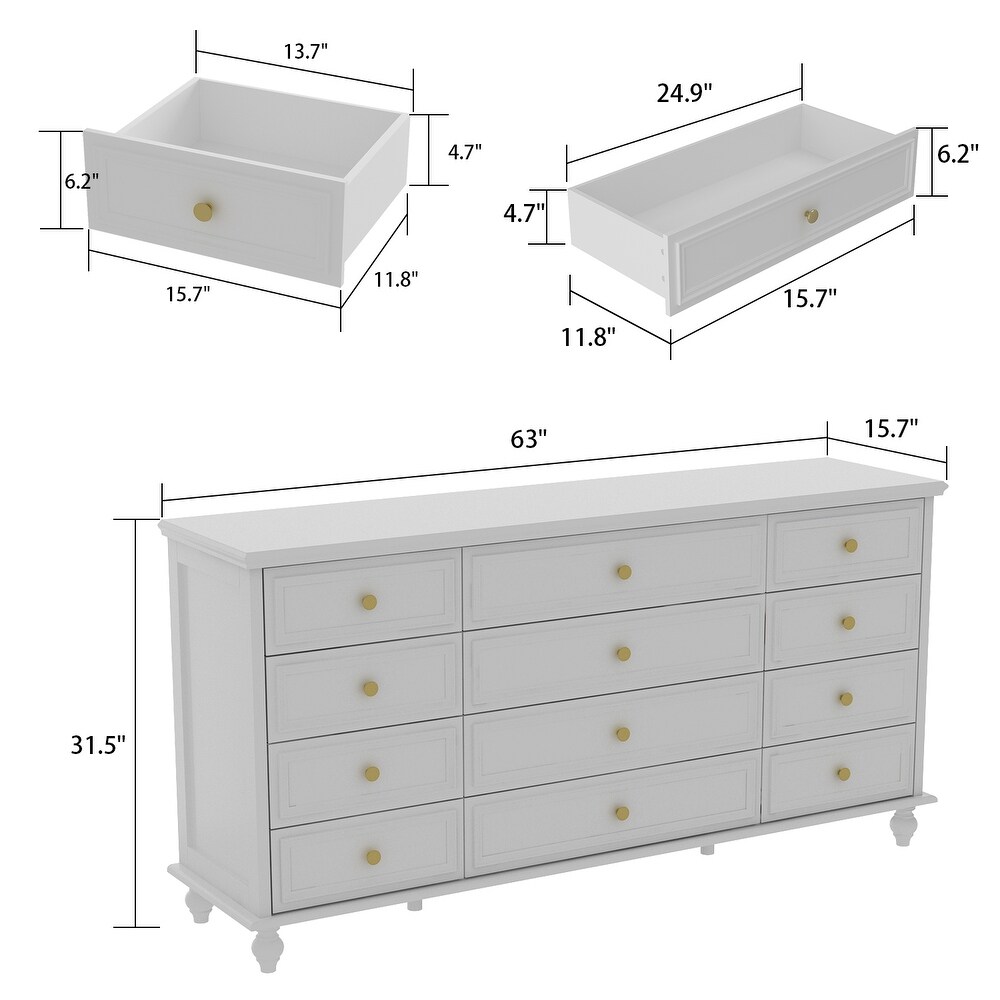 Timechee 63'' W Dresser White Chest Srorage Cabinet Lacquer Drawers