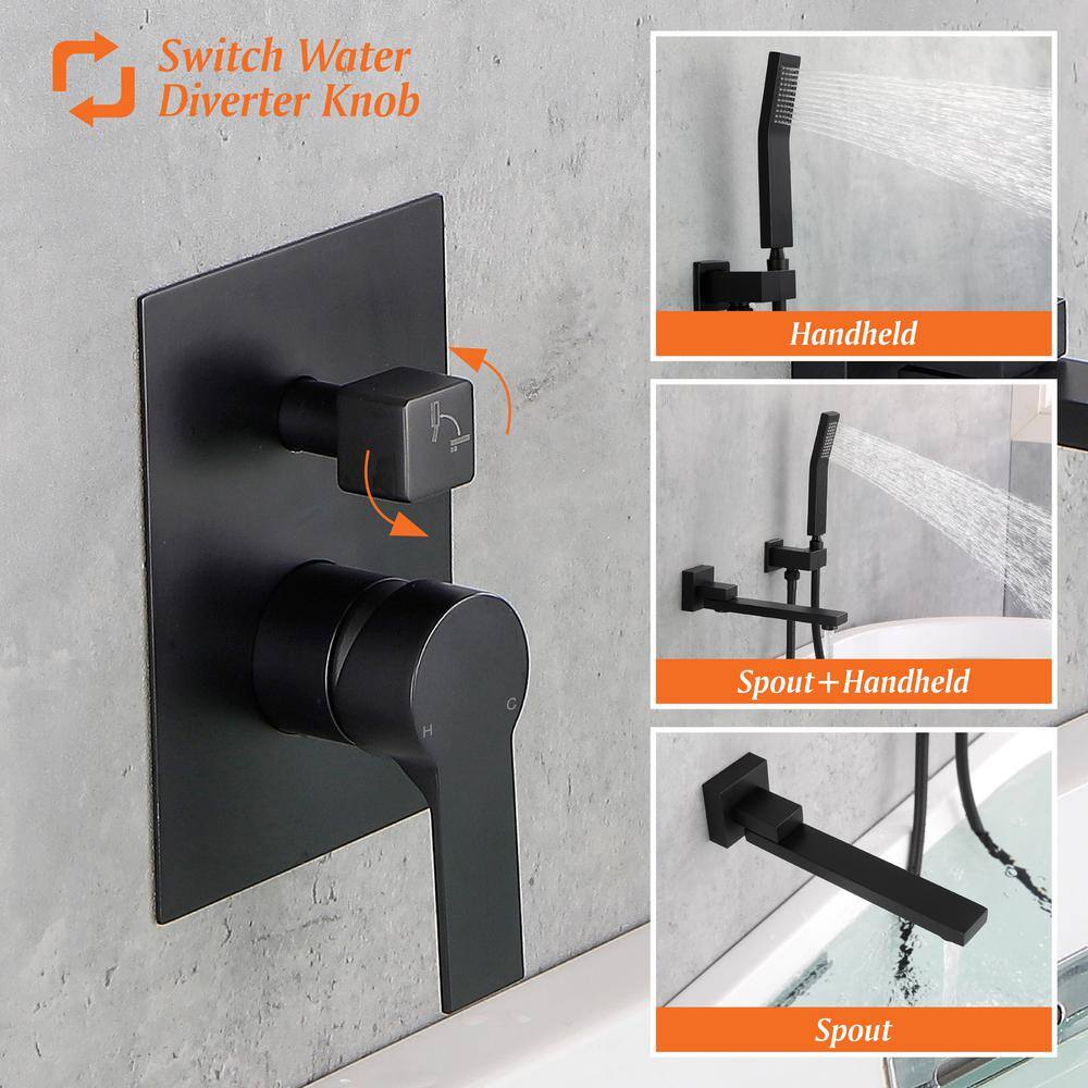 Miscool Oberlin Single-Handle Wall Mount Roman Tub Faucet with Swivel Tub Spout and Hand Shower in Matte Black SHSMDH10C030MBH