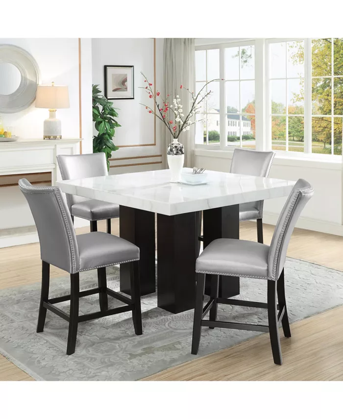 Furniture Camila 54 Marble Square Counter Height Table and Silver Counter Chair 5pc Set (Table+4 Chairs)