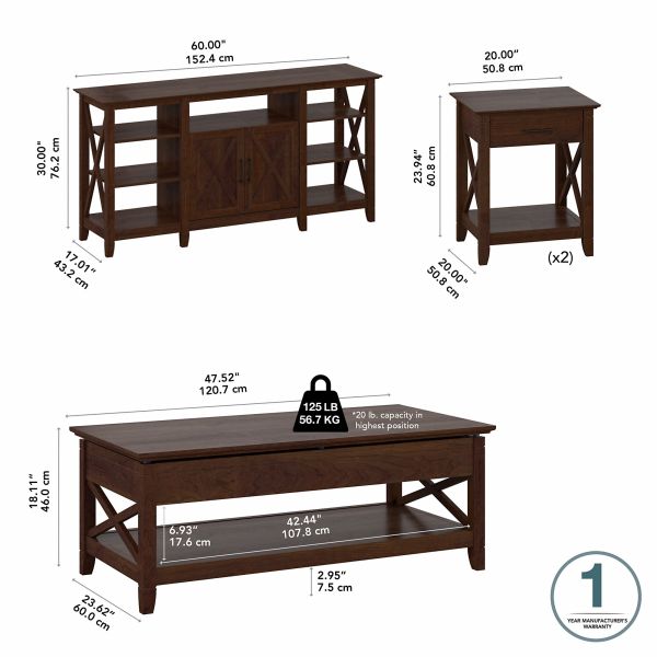 Bush Furniture Key West Tall TV Stand with Lift Top Coffee Table Desk and End Tables in Bing Cherry