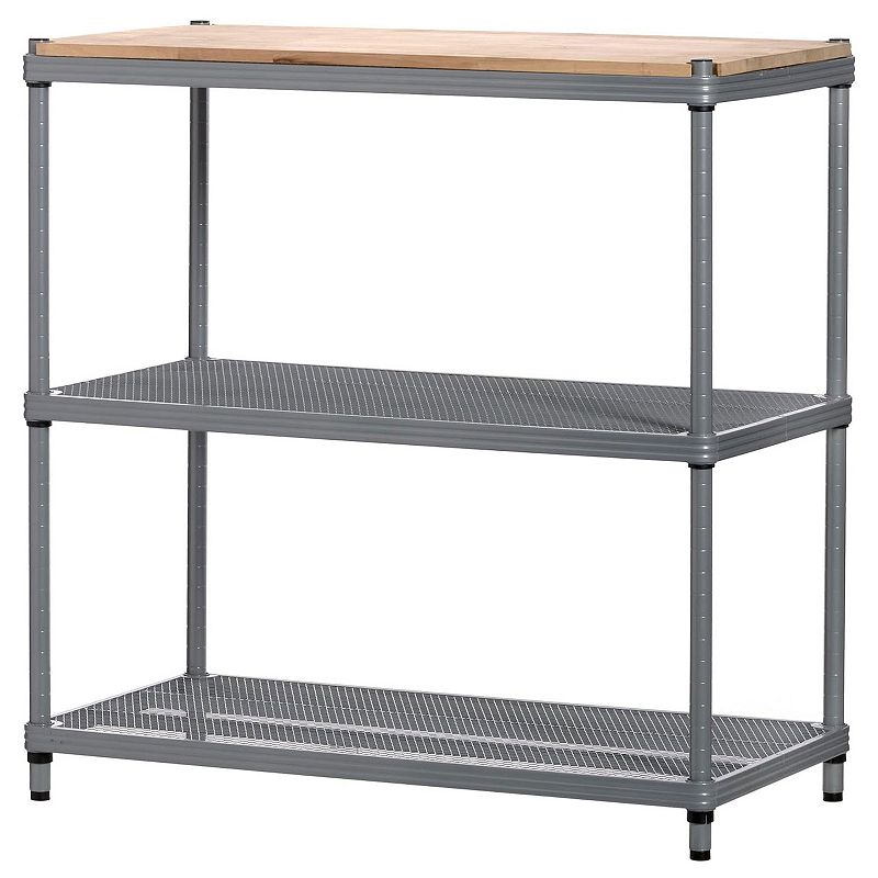 Design Ideas Meshworks Metal Storage Wood Top Workbench Shelving Unit， Silver