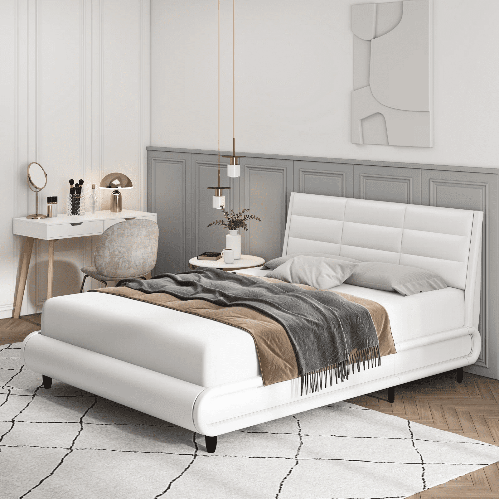 Homfa Queen Size LED Bed, Modern PU Leather Platform Bed Frame with Adjustable Upholstered Headboard, White Finish