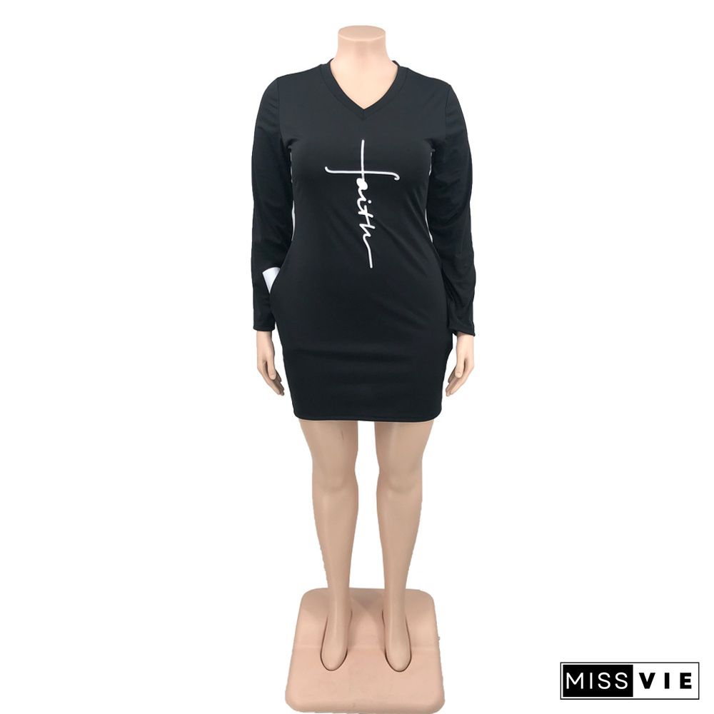 5XL Long Sleeve V Neck Casual Plus Size Dresses