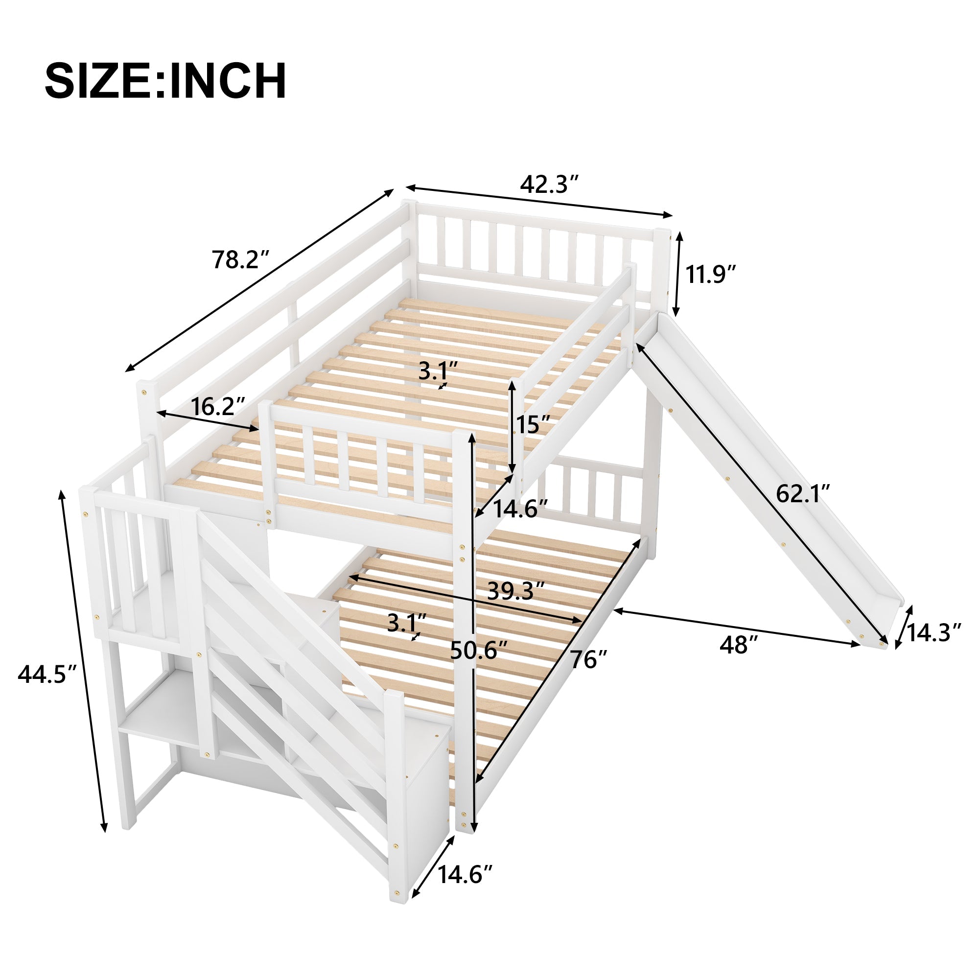 Euroco Twin over Twin Bunk Bed with Slide and Stairway for Kids' Room, White