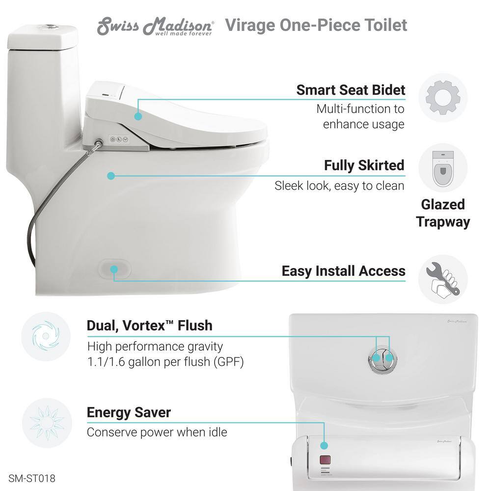 Swiss Madison Virage 1-Piece Toilet 0.80 GPF with Vivante Smart Seat SM-ST018