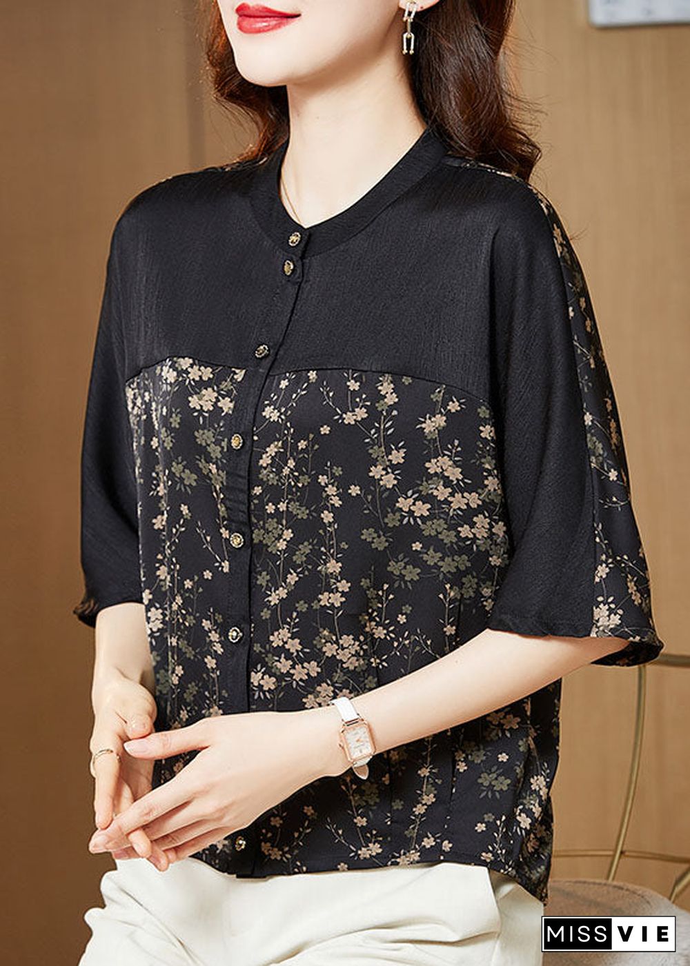 Small Floral Print Patchwork Silk T Shirts O Neck Summer