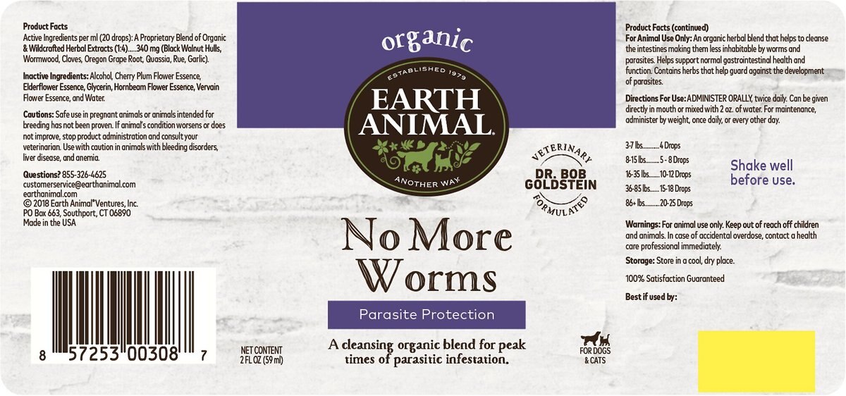 Earth Animal Natural Remedies No More Worms Liquid Homeopathic Digestive Supplement for Dogs and Cats， 2-oz bottle