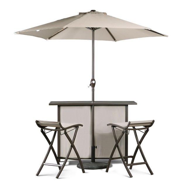 Aoodor Outdoor 5 piece Bar Table Folding Chairs Set With 8 x27 Adjustable Tilt Umbrella Base