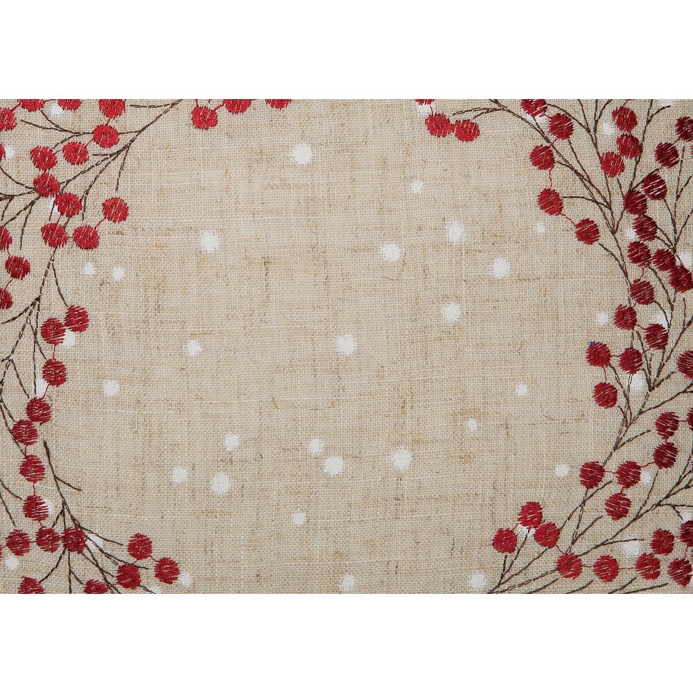 Holly Berry Wreath Embroidered Christmas Pillow  14 by 14 Inch