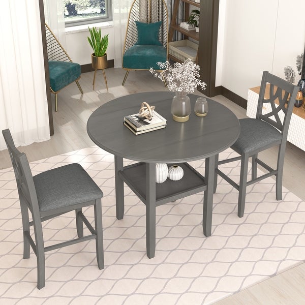 3 Piece Round Counter Height Kitchen Dining Table Set Drop Leaf Table with 2 Cross Back Padded Chairs