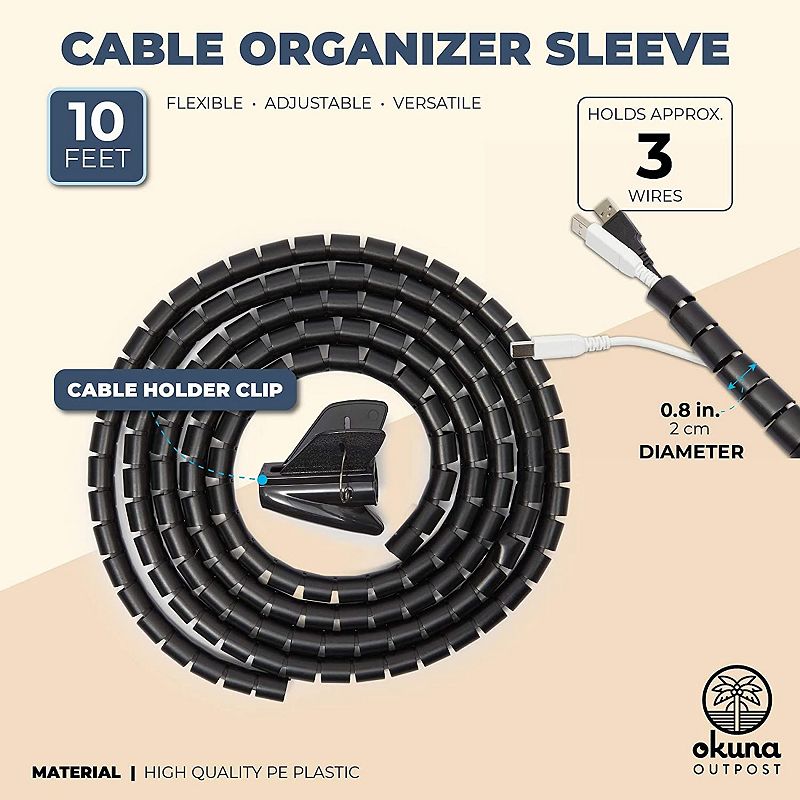 0.8-Inch Cable Organizer Sleeve for Wires and Cords (10 Feet， Black)