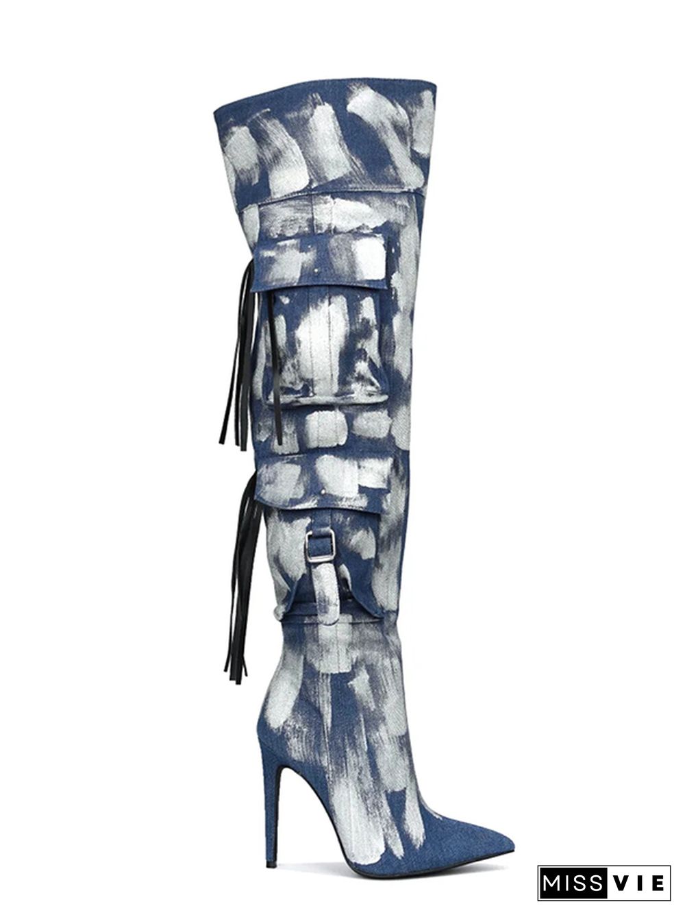 Detroit Thigh-High Metallic Denim Boots