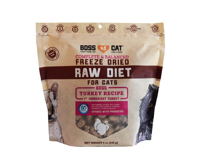 Boss Dog® Brand Complete  Balanced Freeze Dried Raw Diet For Cats - Turkey Recipe， 9 oz. Pouch