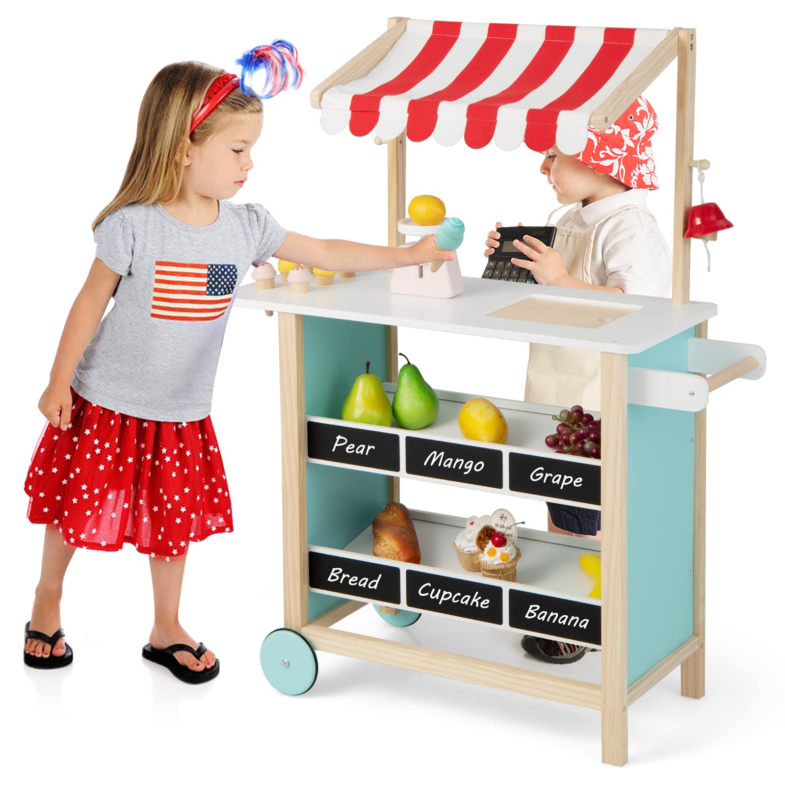 Costzon Kids Pretend Play Grocery Store, Wooden Ice Cream Cart Toy Set