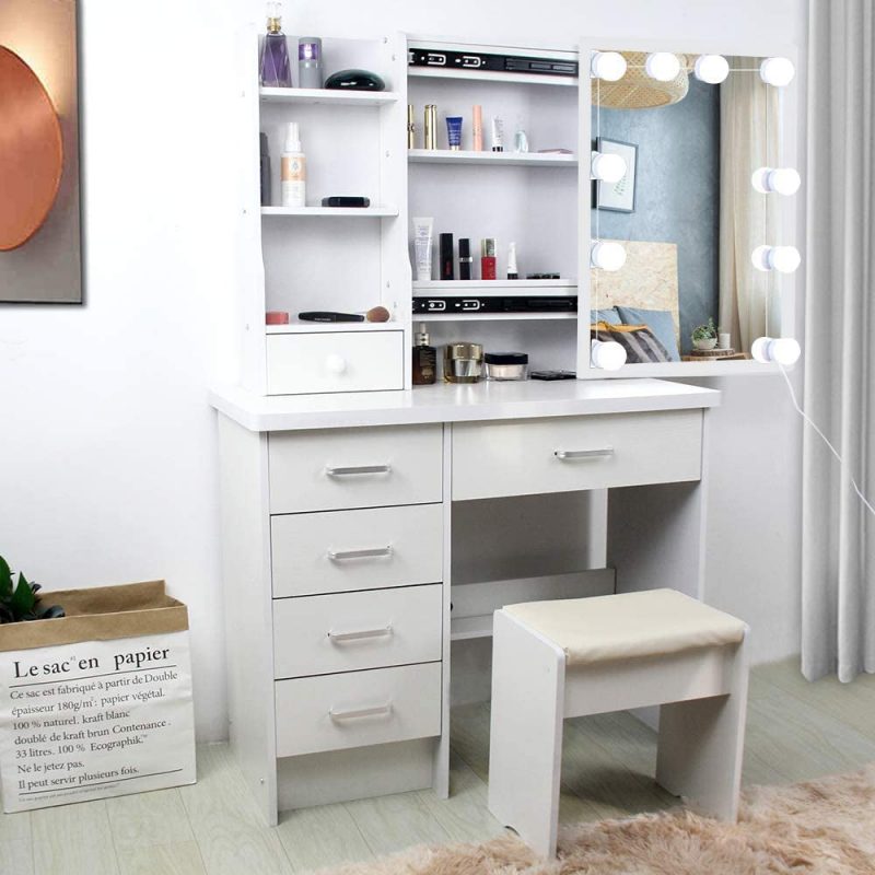 White Dressing Table Set ， Modern Makeup Vanity Desk with Sliding Lighted Mirror and Stool ， Bedroom Furniture Dresser with 4 Storage Drawers