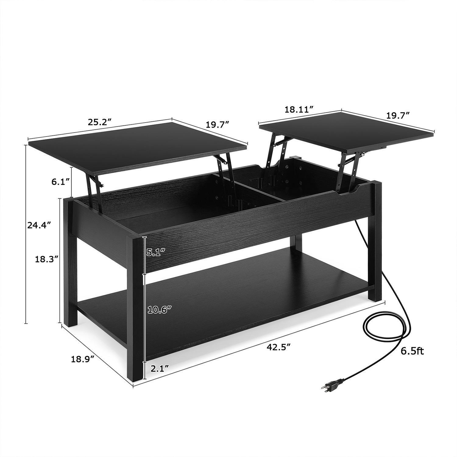 42.5'' Lift-Top Coffee Table With Hidden Storage And Side Drawer Living Room End Table USB (Black)