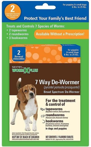 Sentry HC WormX Plus 7 Way Dewormer for Hookworms， Roundworm and Tapeworms for Small Breed Dogs