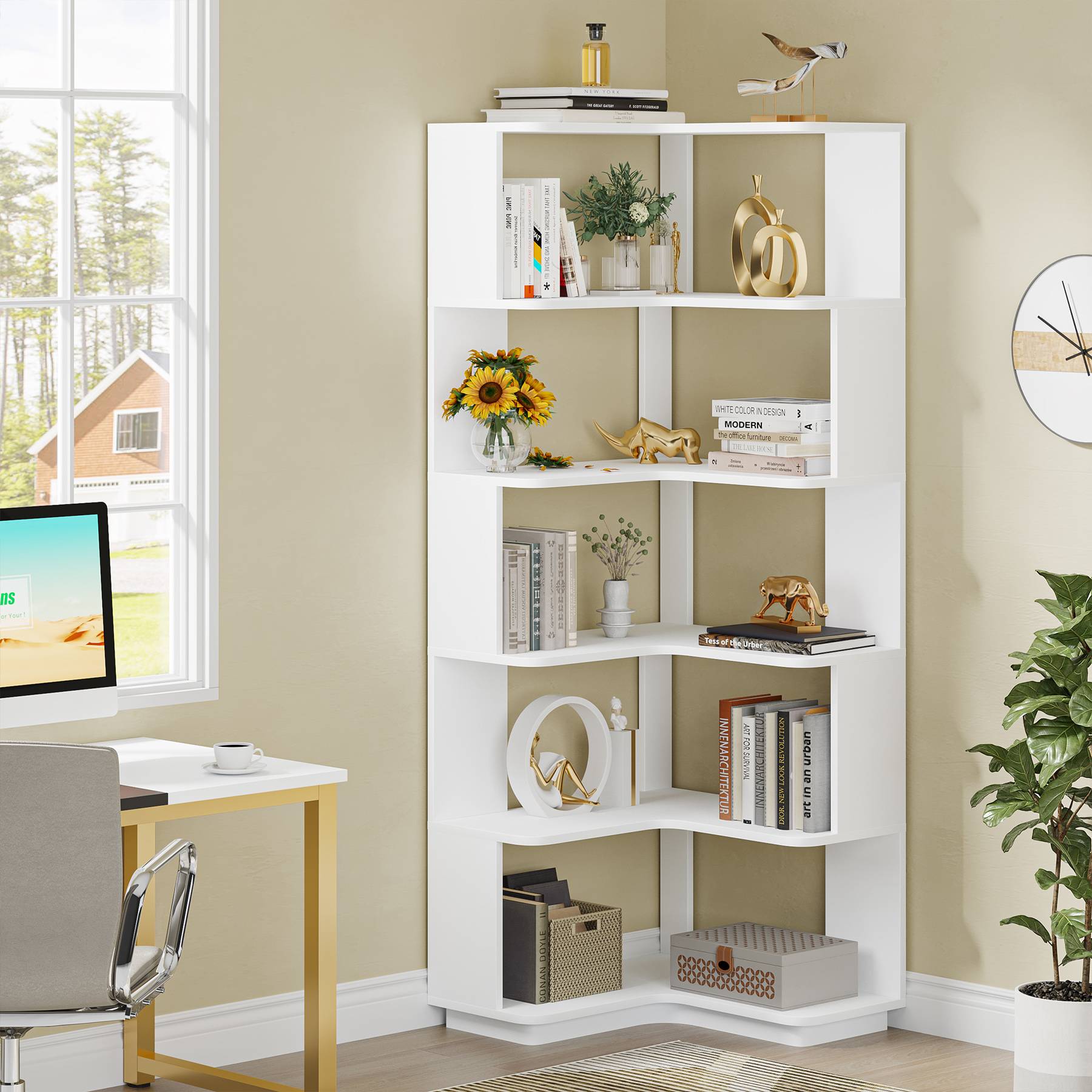 6-Tier Corner Bookshelf, 64.96 Corner Bookcase with Anti-Drop Panel