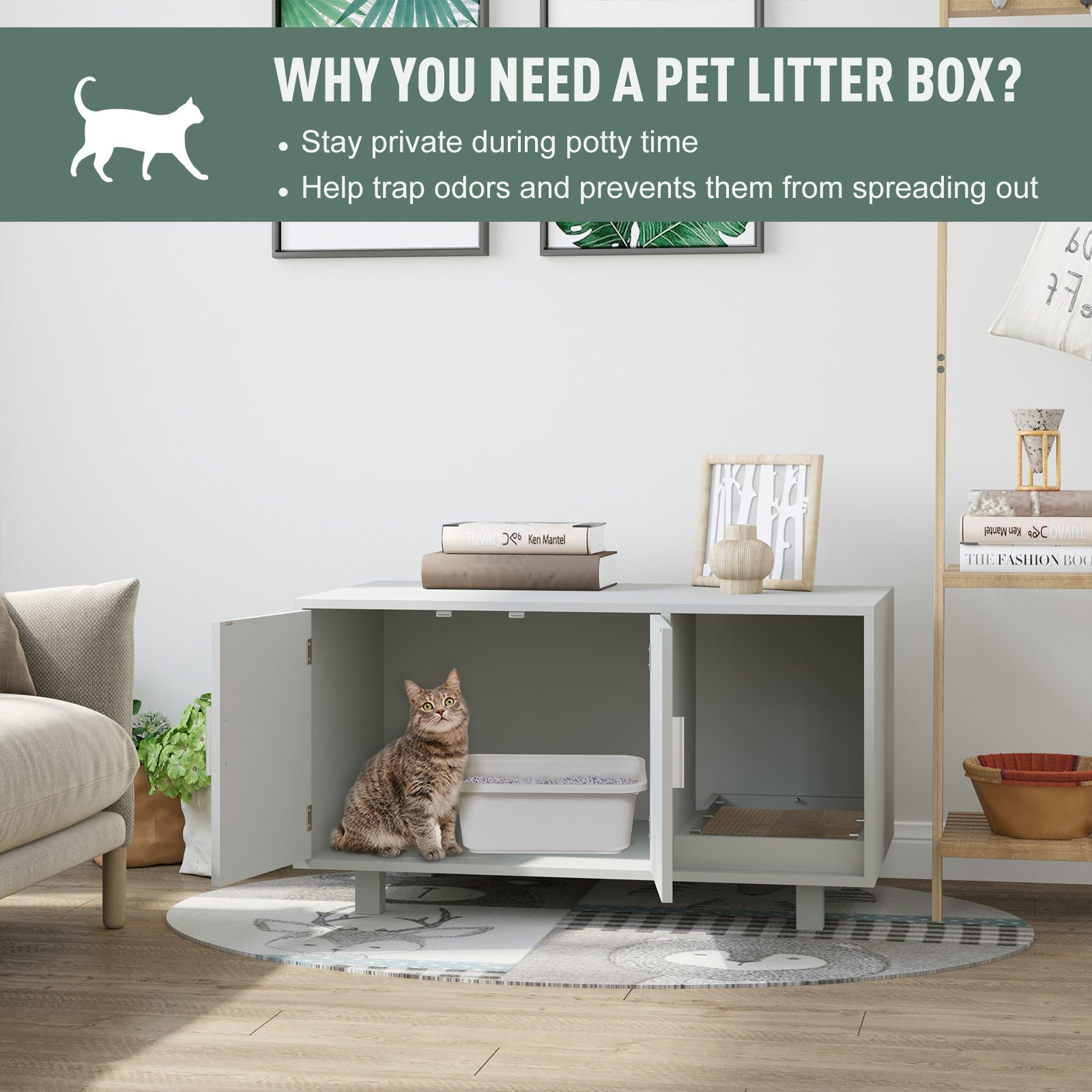 PawHut Cat Litter Box Enclosure and House w/ Nightstand/End Table Design， Grey