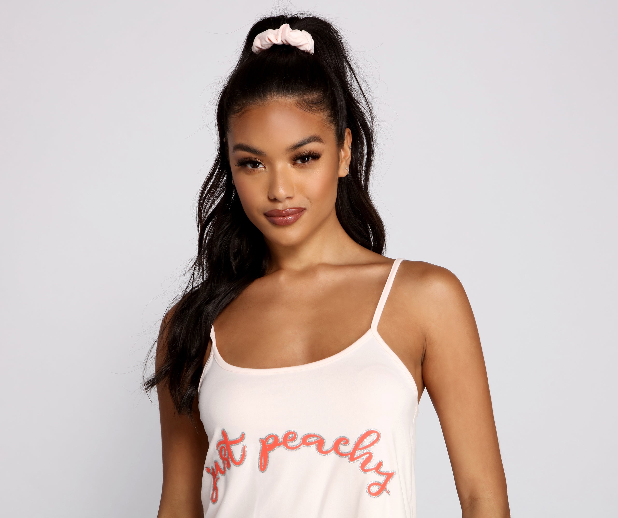 Just Peachy Pajama Tank With Shorts And Scrunchie Set