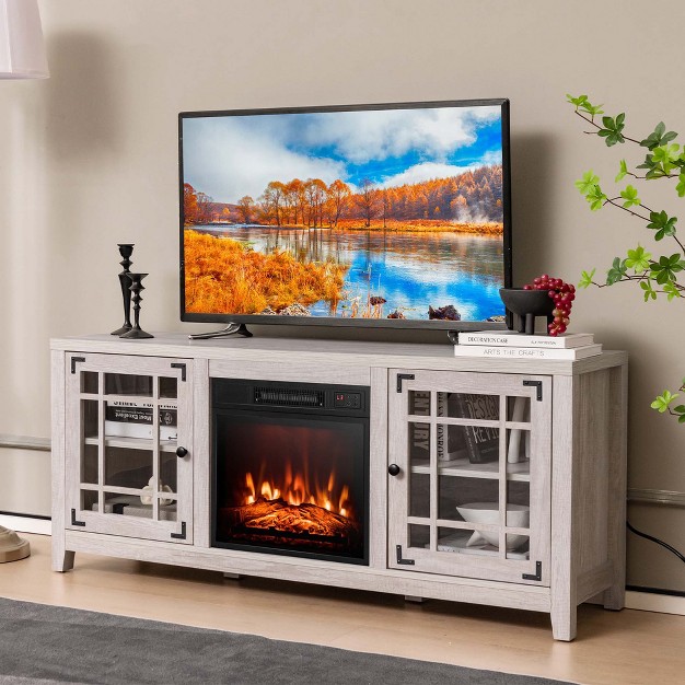 Costway 58 Inches Fireplace Tv Stand For Tvs Up To 65 Inches With 1400w Electric Fireplace Black naturl white