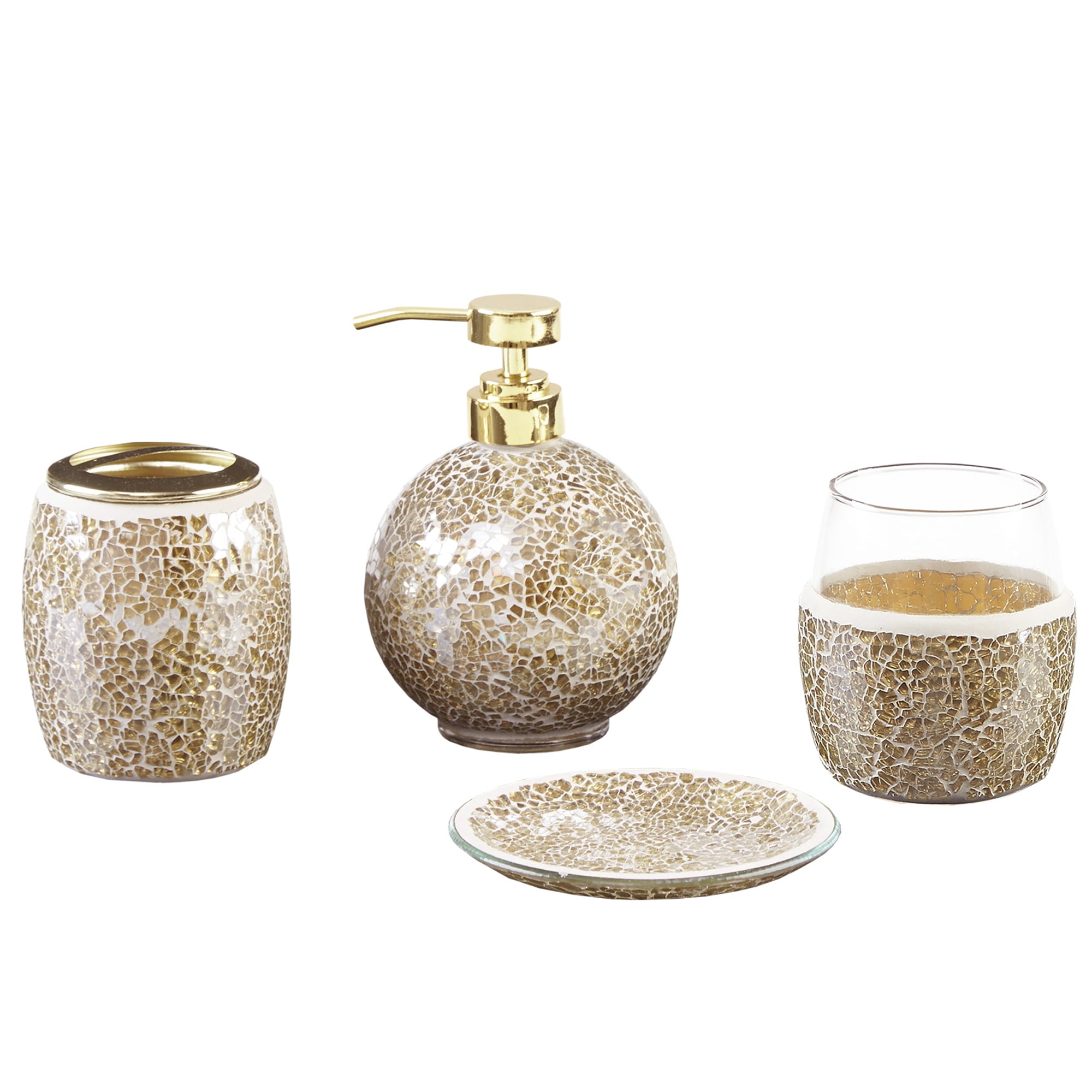 Home Essence 4 Piece Mosaic Bath Accessories Sets， Gold，Silver，Multi-color