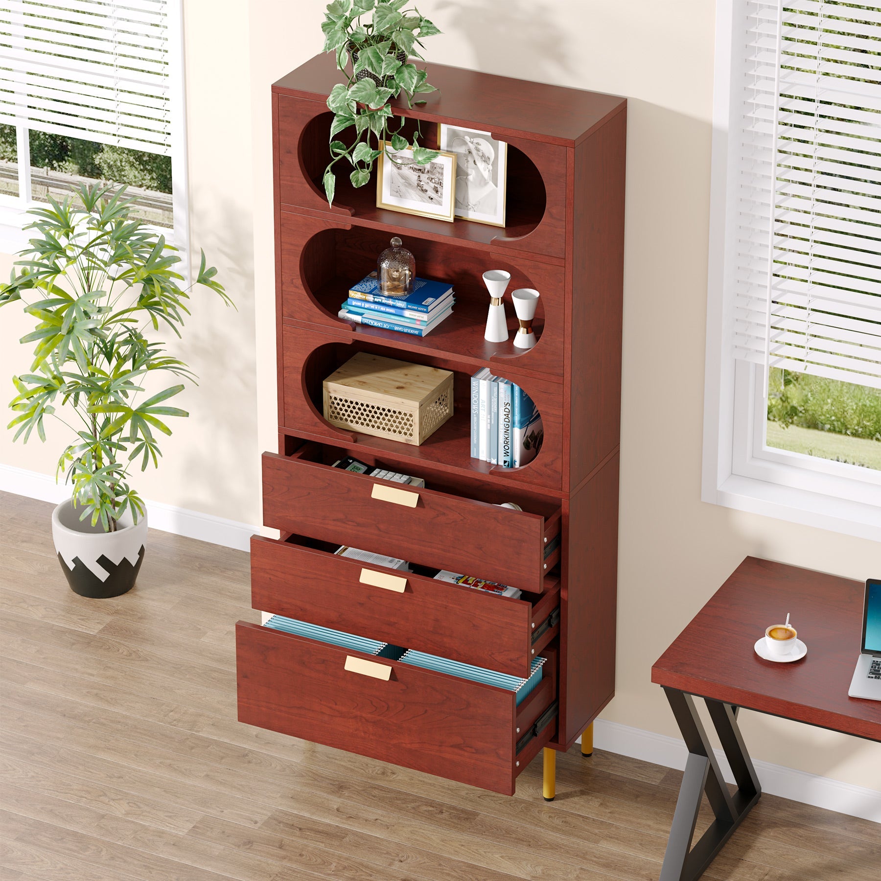 3-Drawer File Cabinet, Freestanding Filing Cabinet with Open Storage Shelves