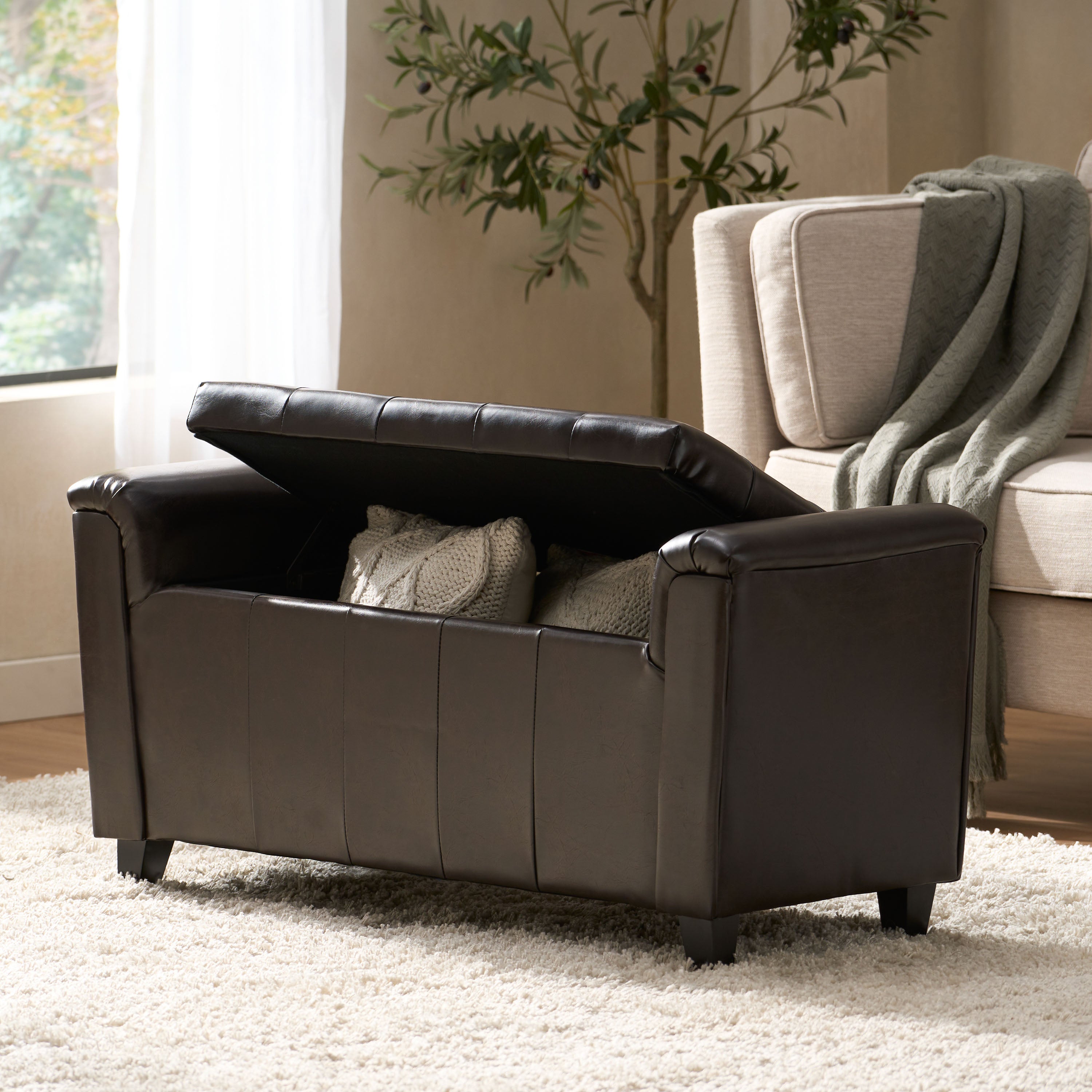 James Brown Tufted Leather Armed Storage Ottoman Bench